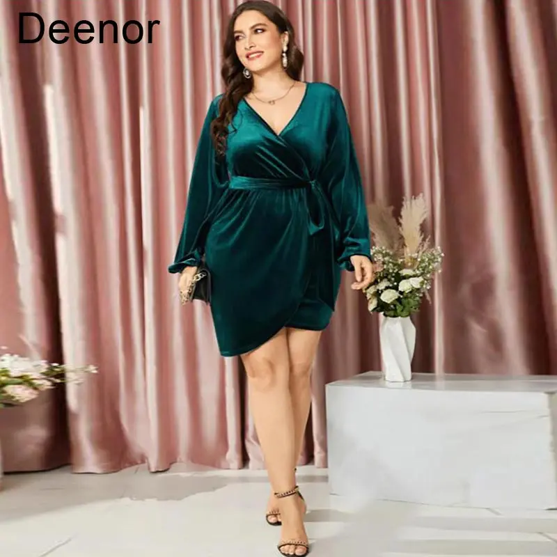 Deenor Plus Size Dress Sexy Midi Dresses Temperament V-neck Large Swing Bandage Dress Velvet Sexy Evening Dress