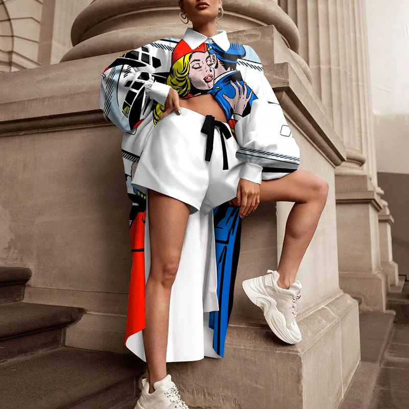 

Cartoon Print 2 Piece Sets Tracksuit Women Autumn Long Blouse Shirt Tops Drawstring Shorts Suit Sweatpants Outfits