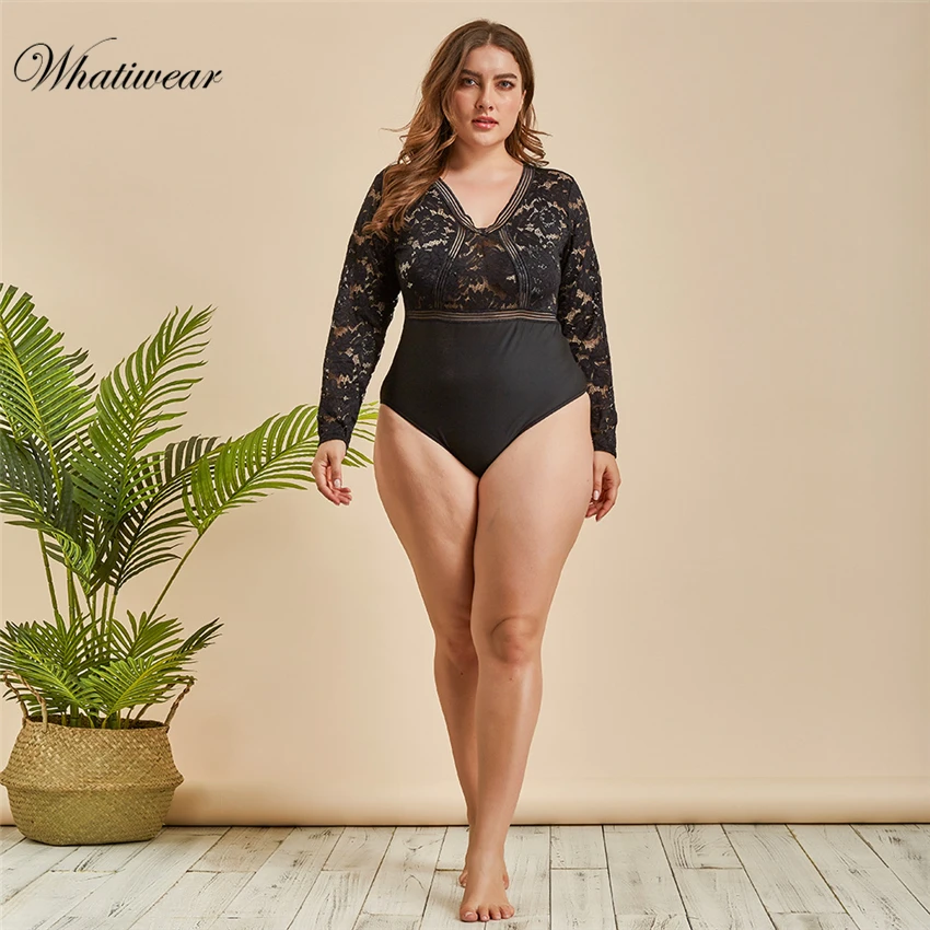 Whatilwear 2019 размера плюс глубокий v-образный вырез вышивка боди женский с длинным