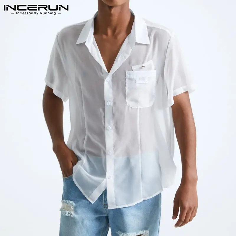

Men Shirt Solid Color See Through Lapel Pockets Short Sleeve 2021 Summer Casual Camisas Streetwear Breathable Party Tops INCERUN