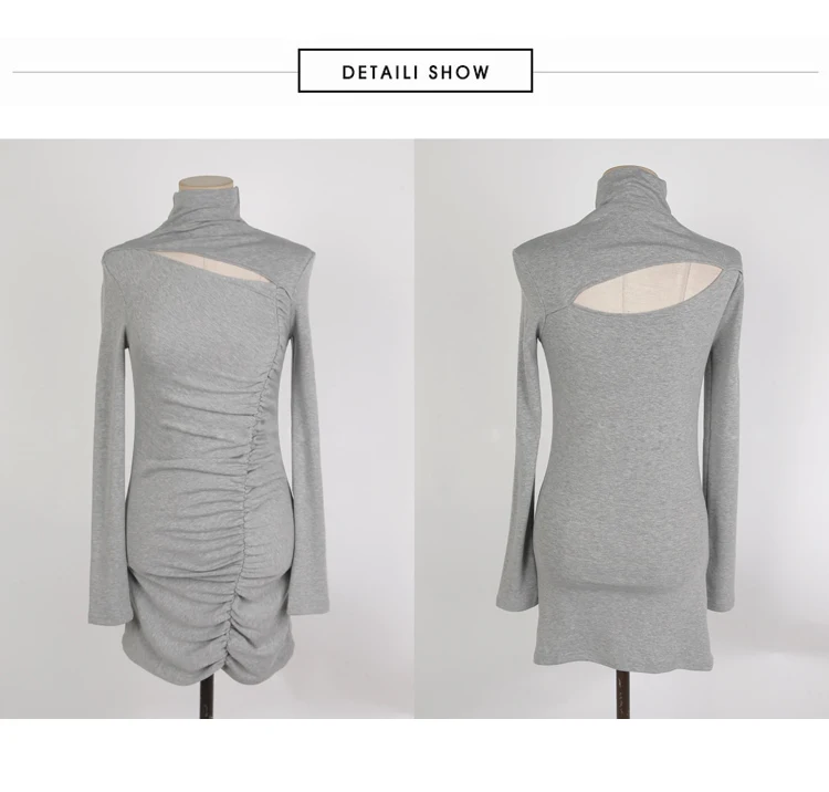 

2020 Winter Turtleneck Grey Sexy Vestidos Wrinked Hollow Out Mini Sheath Bodycon Brief Female Dresses