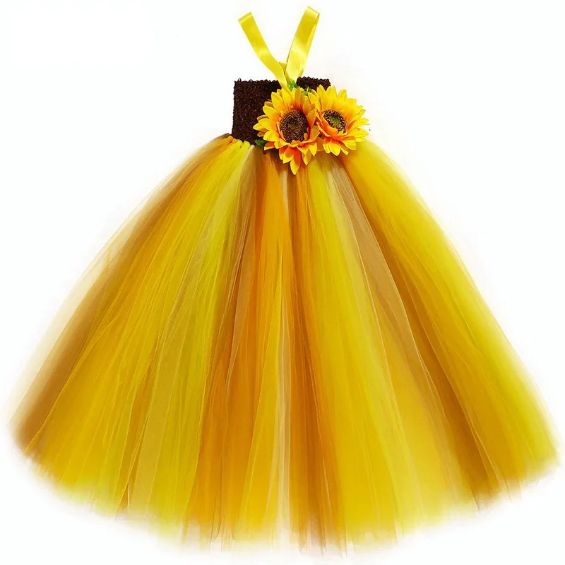 

Girls Sunflower Flower Wedding Evening Children Princess Tutu Party Long Style Loose Sleeveless Kids Dresses Girls Clothing