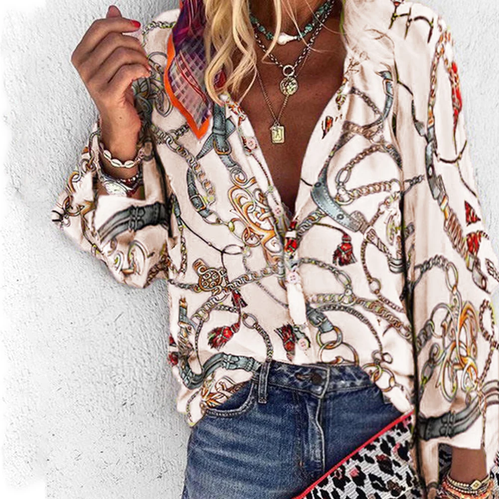 Осенний Женский Повседневный женский топ с принтом в виде цепи длинный рукав
