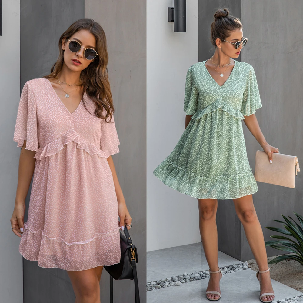 

Spring And Summer 2021 Newest Hot Selling Womens Fashion Sexy Printed V-Neck Loose Ruffle Dress Female Elegant Mini Dress