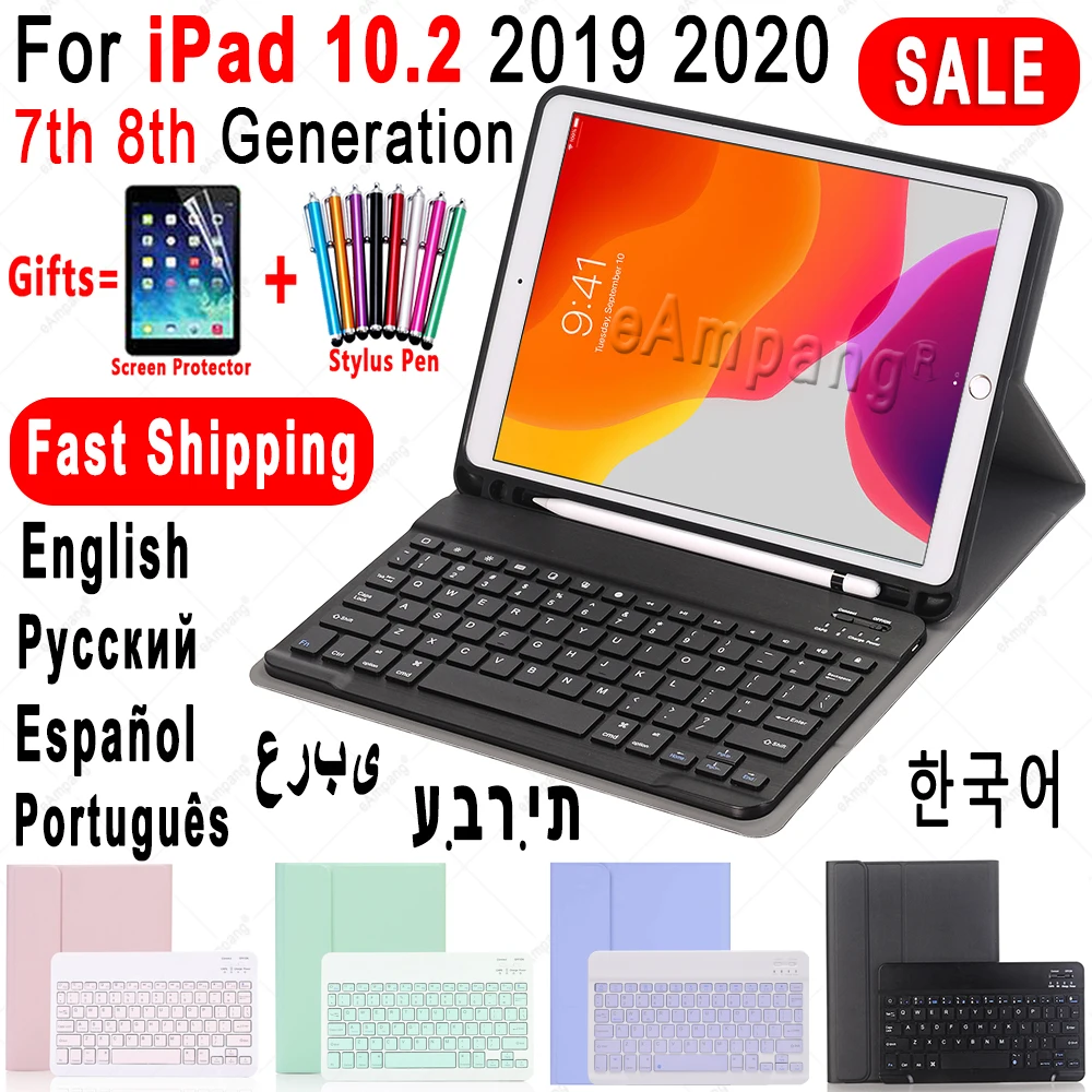 

Case for iPad 10.2 Keyboard Case with Pencil Holder for Apple iPad 7 7th 8 8th Generation A2197 Russian Spanish English Keyboard