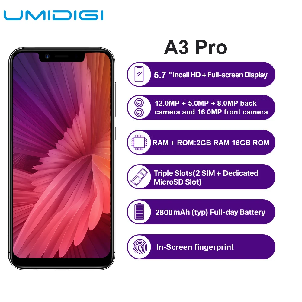 UMIDIGI A3 Pro 4G смартфон 5 7 дюймов Android 8 1 MT6739 четырехъядерный ГГц 3 ГБ ОЗУ 16 Гб ПЗУ 3300 Мп +