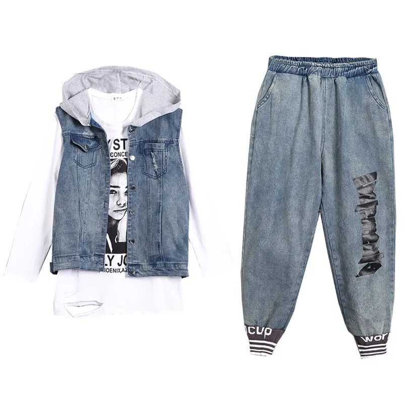 

Casual Wear Plus Size Women Denim Three Piece Set Hole Printed Long Sleeve T-Shirt Hooded Vest Elastic Drop Crotch Harem Jeans