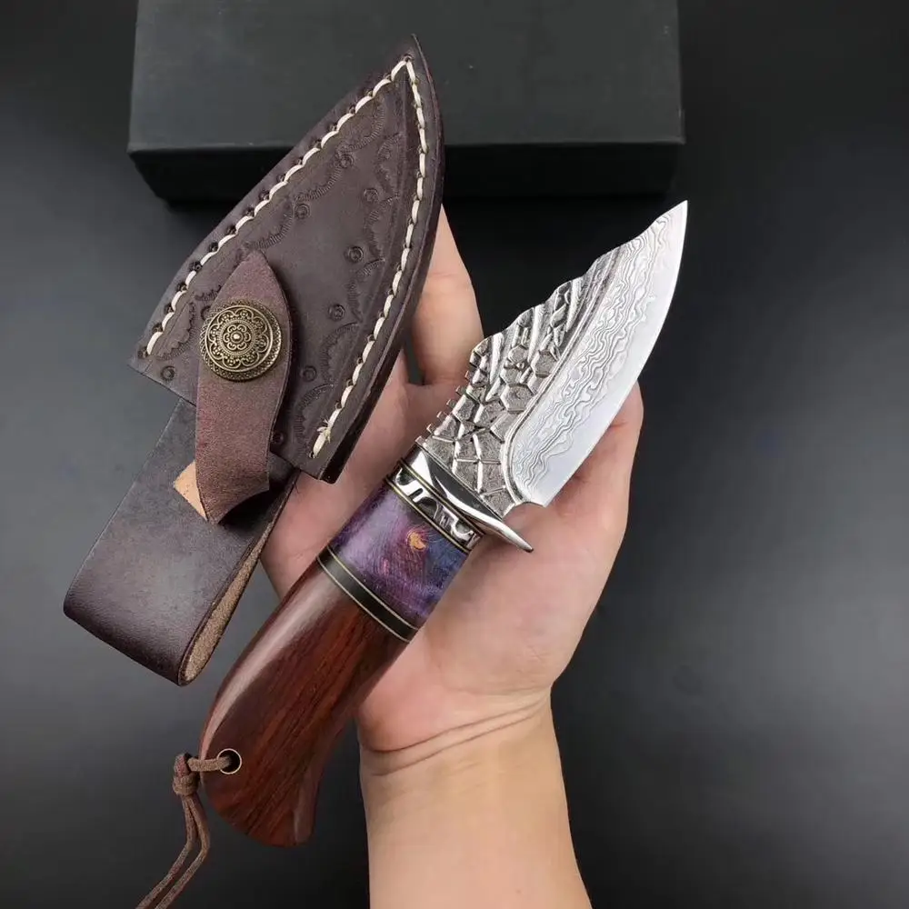 Охотничий нож из дамасской стали с круглой деревянной ручкой высокопрочный