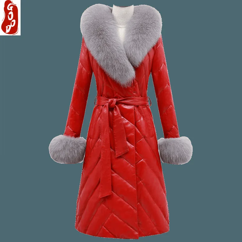 

Женская длинная куртка из натуральной кожи, облегающая парка из натуральной овечьей кожи с лисьим мехом, верхняя одежда для зимы 2021, LPL1211