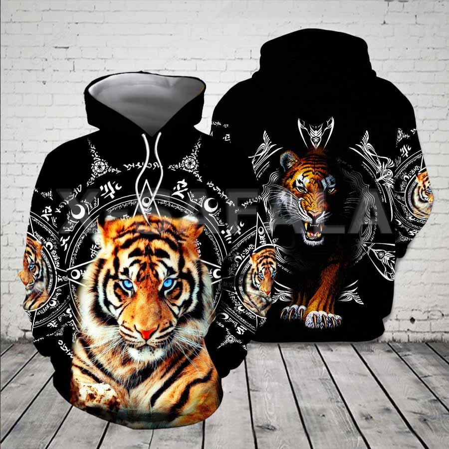 Tiger 3D Print Black Viking Tattoo Hoodie Pullover Sweatshirt Man Women Harajuku Outwear Casual Unisex Zip Jacket Tracksuit Coat