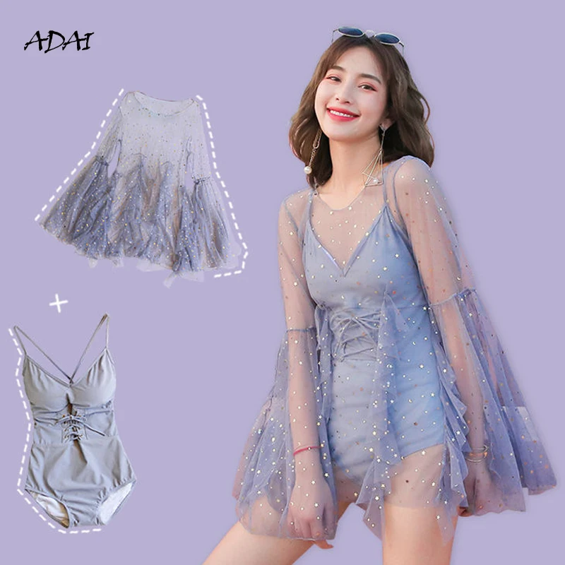

One Piece Swimsuit Women Sexy V Neck Backless Bodysuit Bathing Suit 2 Piece Sets Sequins See-through Cover Up Bikini Swimwear