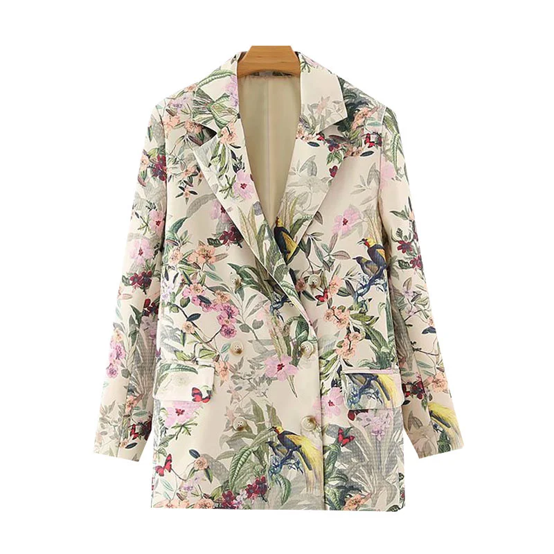

Women 2021 Fashion Office Wear Floral Print Blazer Coat Vintage Long Sleeve Pockets Female Outerwear Chic Tops