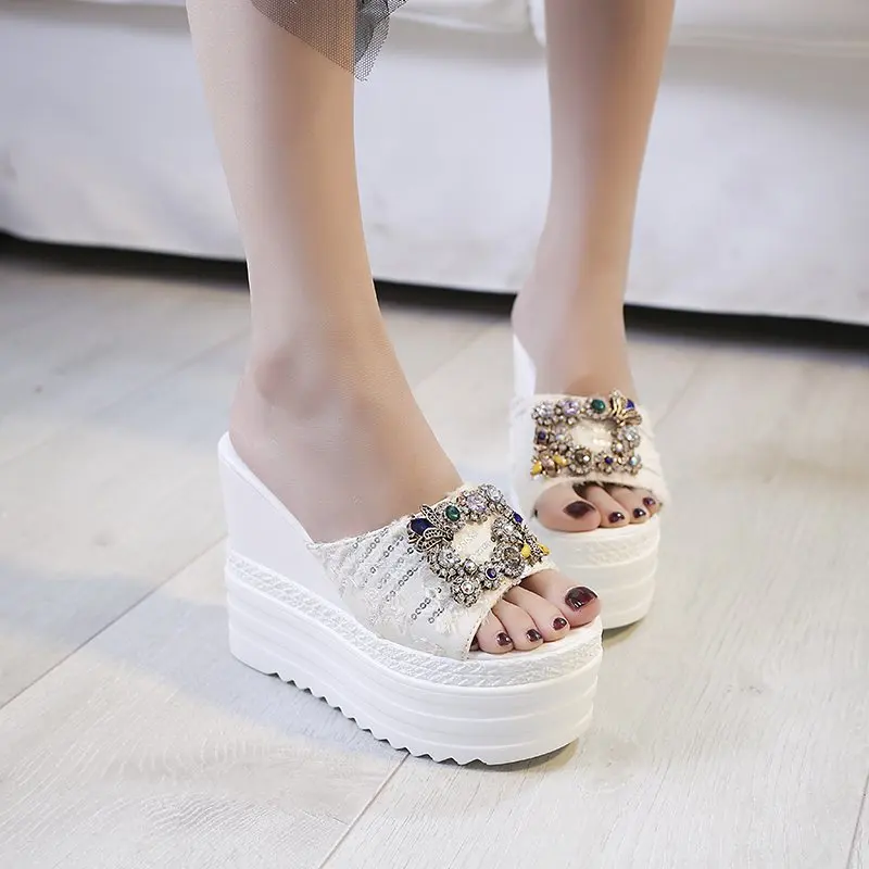 

crystal platform slippers women summer platform wedge slippers women sandals high heels slippers beach slides women designer11cm