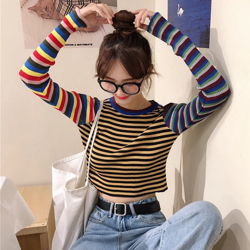 

2020 New Autumn Striped Knitted T-shirt Women Student Wind Casual Wild Slim Short T-shirt Female Crop Tops Long Sleeve T-Shirts