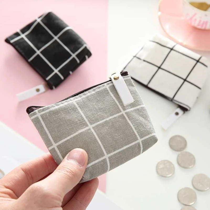 

1PC Canvas Plain Grid Lines Cute Coin Purse Handy Wallet Pouch Storage Bag Women Zipper Square Plaid