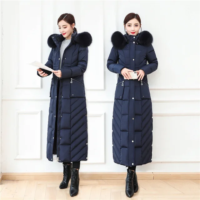 S- 4XL plus size Winter over the knee X-long 90% Duck down coat female X-Long thick warm Down Jacket real fox fur Parkas F442