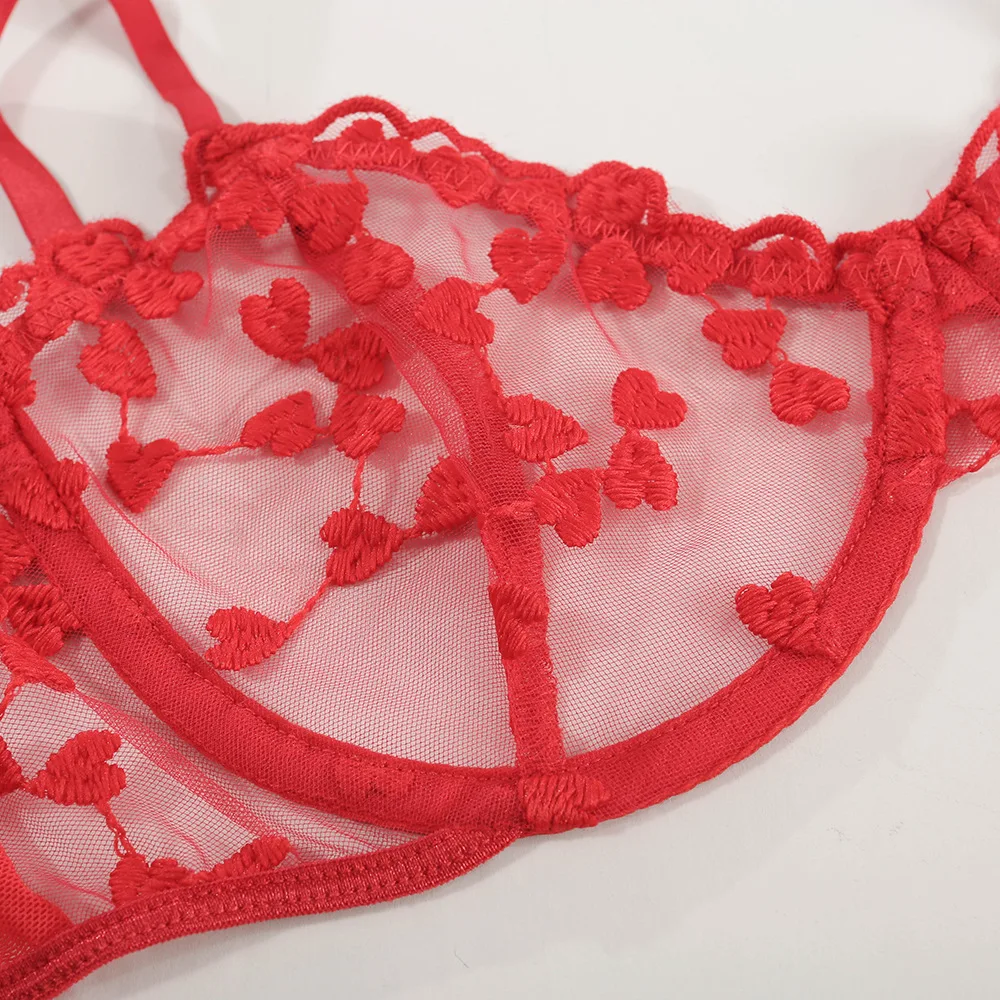 

2 Pcs Heart Embrodiery Lace Bra Set Women Transparent Bra + Panty Lingerie Set 2021 Ladies Sexy Underwear Lingerie Femme