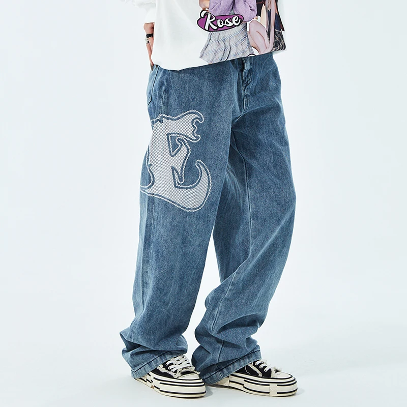 

Hip Hop Casual Retro Ripped Straight Mens Denim Trousers Autumn Baggy Washed Patchwork Vibe Jean Pants Streetwear Couple Jeans