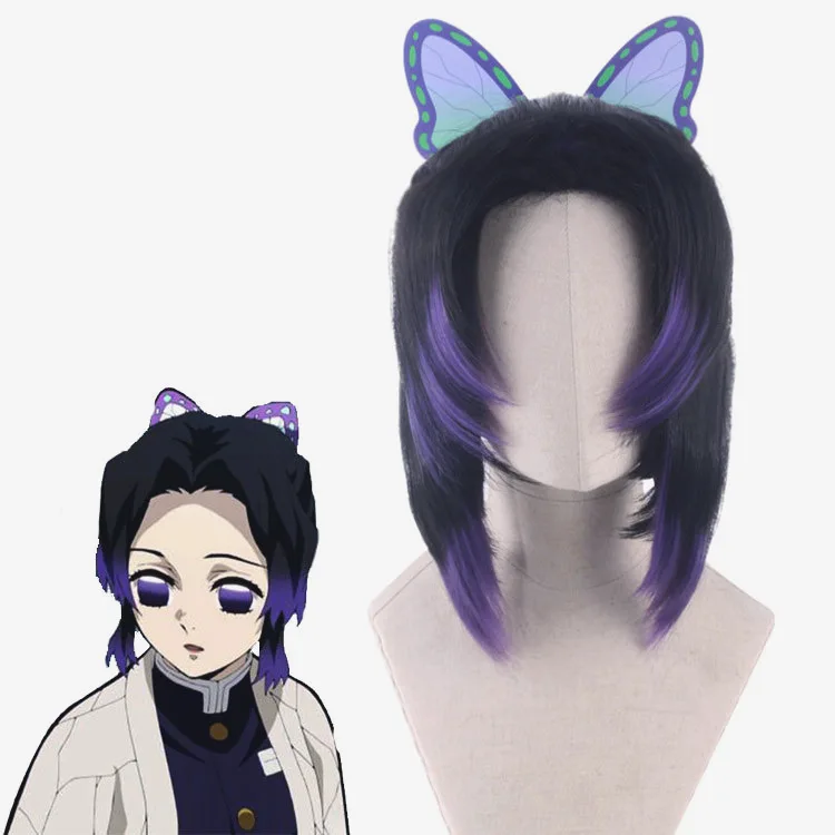 Аниме Demon Slayer Косплей Kochou Shinobu парики 35 см короткие термостойкие синтетические