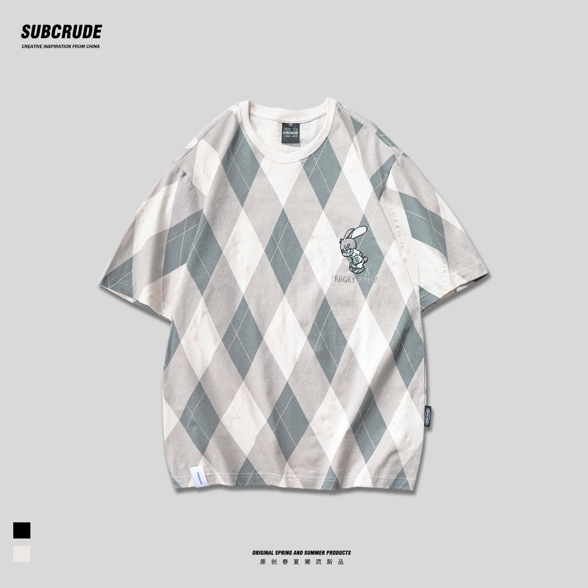 

T-shirt Checkered Pattern Graphic Tee Angry Bunny Embroidery Men Top Korean INS Streetwear