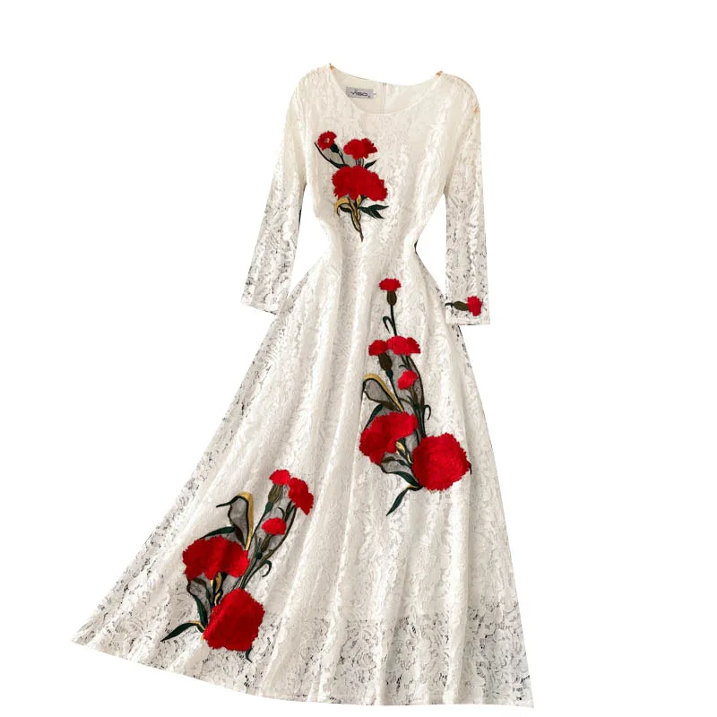 

2021 Spring New Product French Vestidos Female Round Neck Retro Heavy Embroidery Flower Elegant Lace Midi Dress GK523