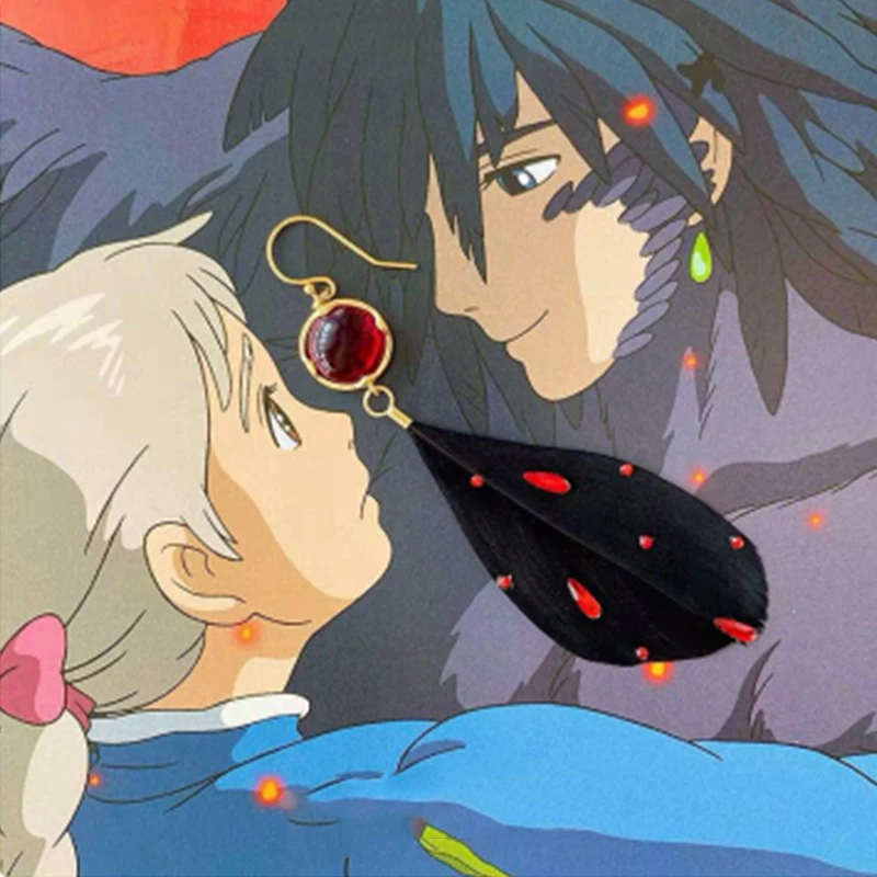 

Japanese Cartoon Howl's Moving Castle Earring For Women Anime Black Feather Red Gem Earrings Jewelry Fashion Accessories Gift
