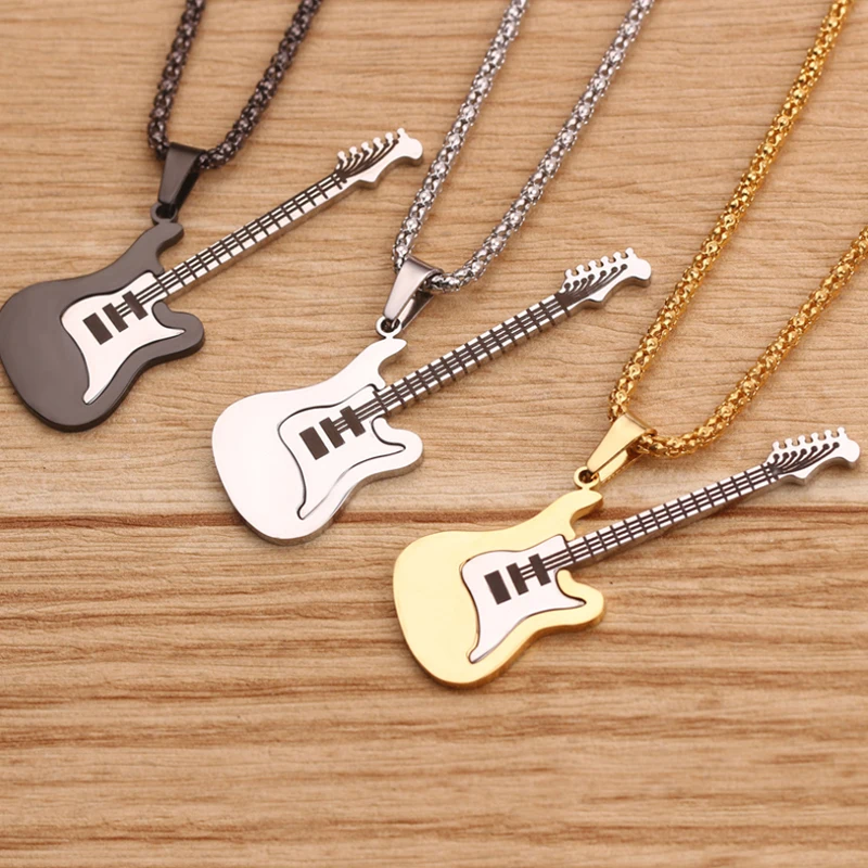 

Women Men Hip Hop Gold Black Silver Color Fashion Stainless Steel Rock Music Guitar Pendant Jewelry Chain Necklace Bijoux Gift
