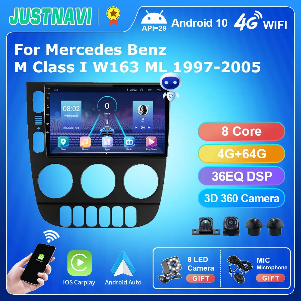 

Автомобильный радиоплеер JUSTNAVI QT5 Android 10,0 для Mercedes Benz M Class I W163 ML 1997-2005 GPS DSP Carplay IPS OBD мультимедийный DVD