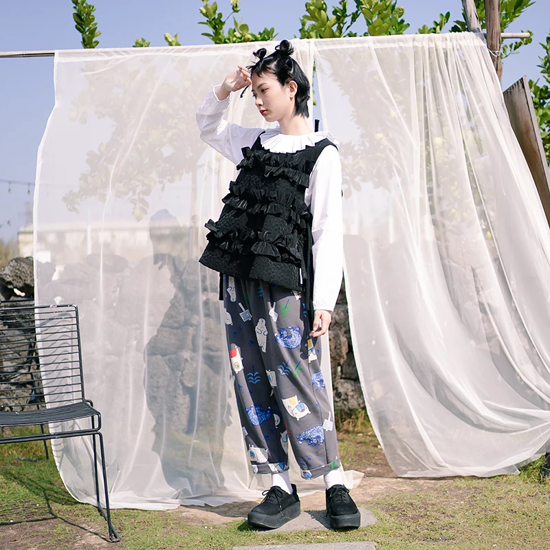 imakokoni original design cartoon print casual wide-leg pants cute Japanese cropped pants