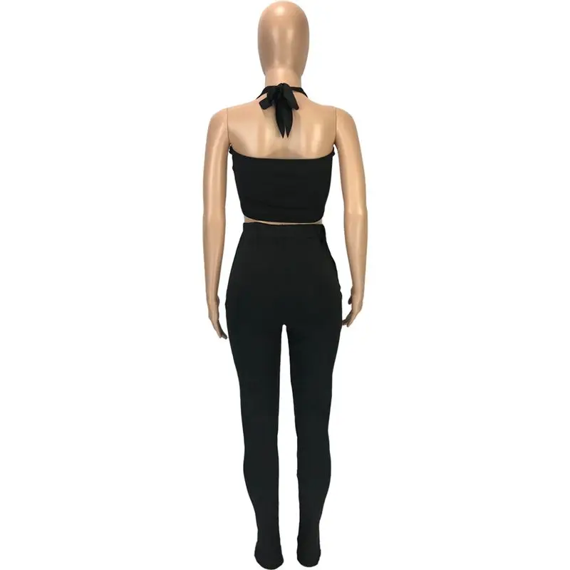 

ZKYZWX 2 Piece Set Women Summer Tracksuit Halter Crop Top and Bodycon Split Pants Lounge Wear Matching Sets Sexy Club Outfits