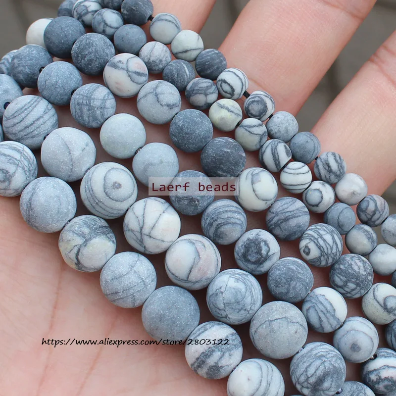 

Natural Stone Matte Frosted Black Web Jaspers Loose Spacer Round Beads 15''/ Strand 4-10MM Pick Size For Jewelry Making