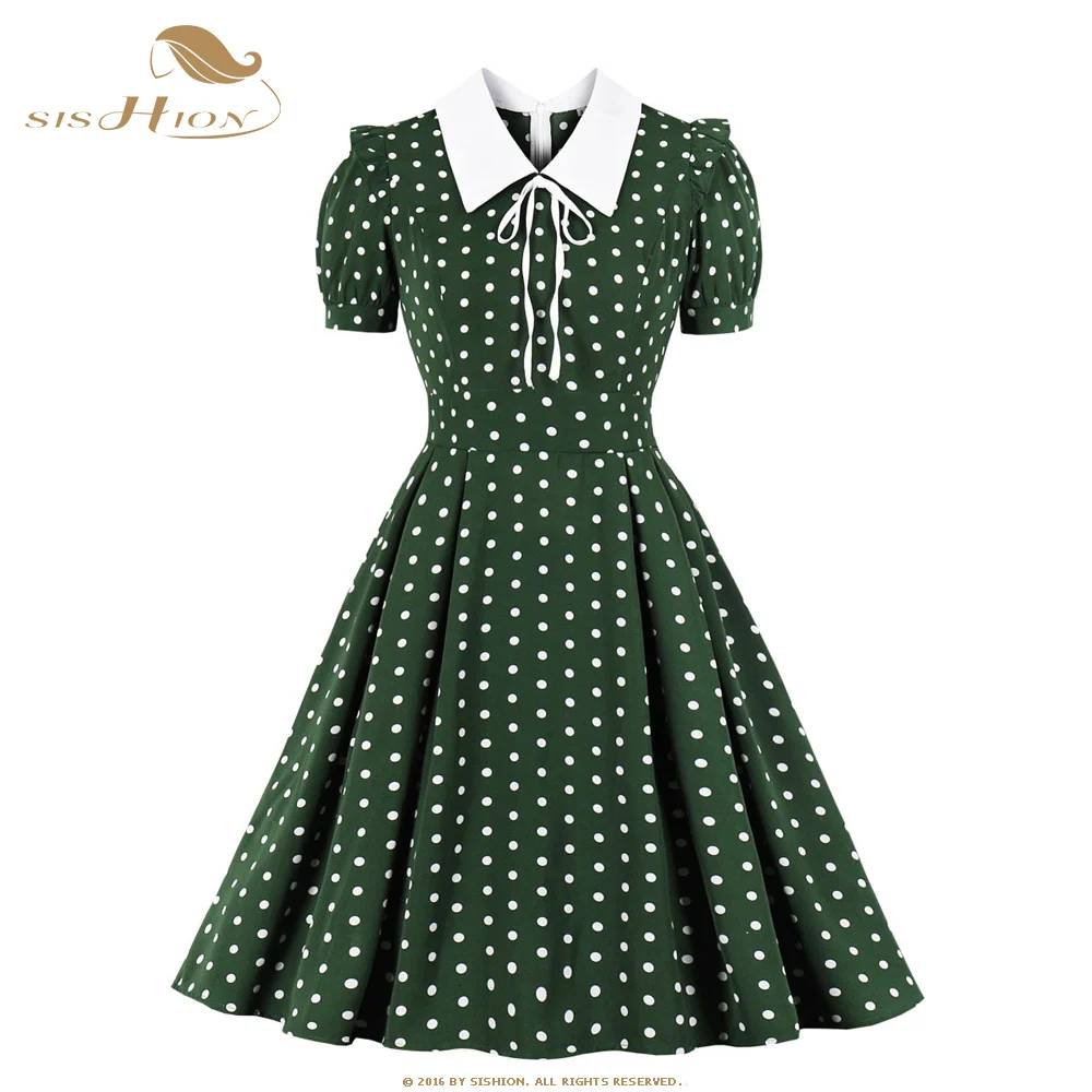 

Autumn Women's Dress 2022 Trend Design Polk Dot Green Print Dresses Short Sleeve Elegant Dress For Office Lady SP1263
