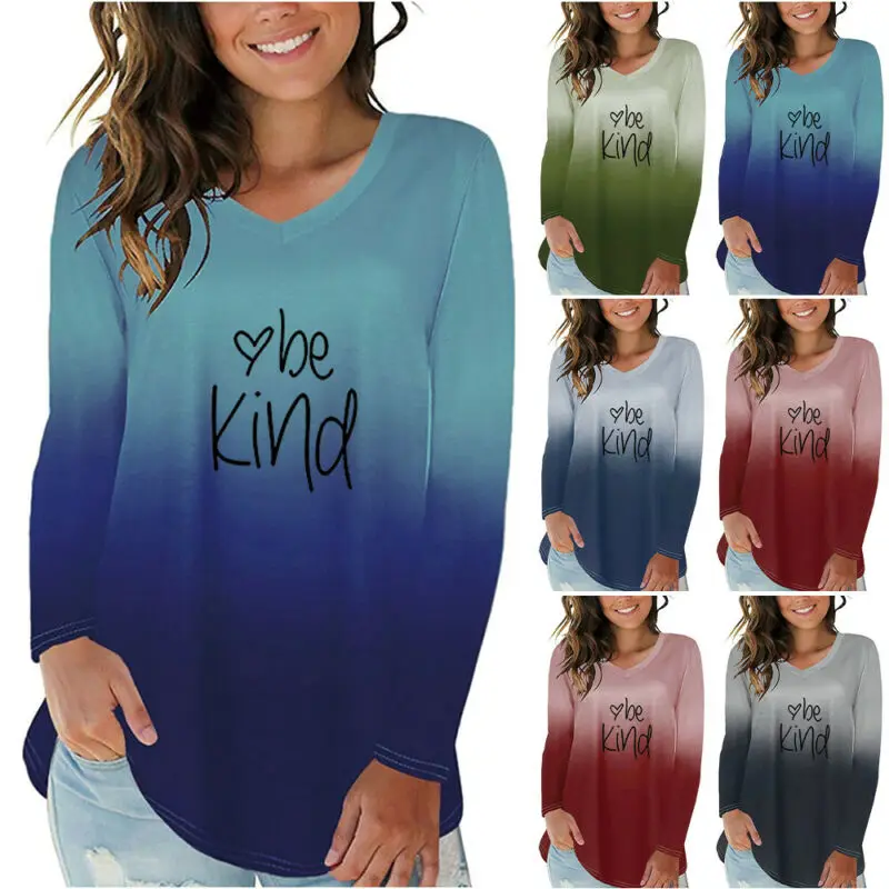 Womens V Neck Long Sleeve T-shirt Blouse Loose Irregular Gradient Shirt Tops UK