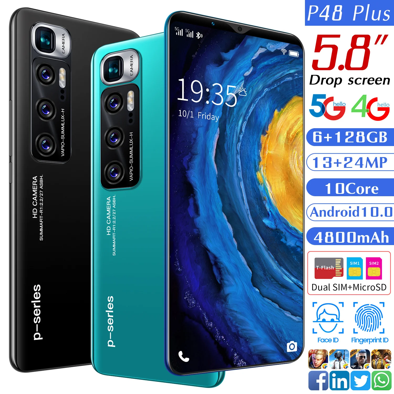 

5.8inch P48 Plus 6 GB 128 GB Cell Phones Unlocked 13MP+24MP 4800mAh 5G Global Version Smartphone Android 10 Mini Smartphone