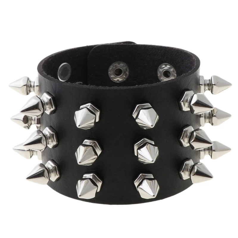 

2022 New Men Women Black Artificial Leather Punk Rock Bracelets with Cuspidal Spike Studded Chain Adjustable Wide Wristband