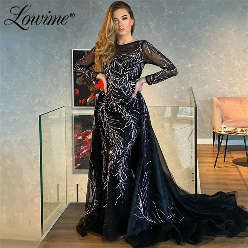

Lowime Dubai Black Evening Dresses With Detachable Skirt Turkish Beaded Crystals Party Gowns 2021 Customized Saudi Arabia Dress