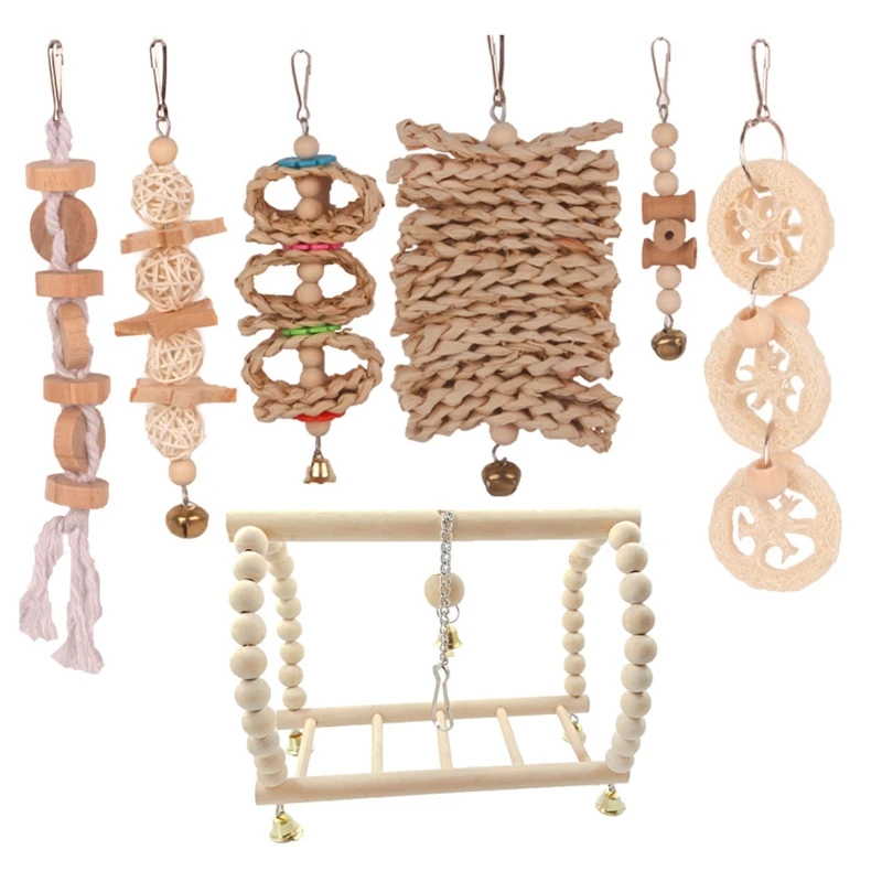 

7Pcs/Set Parrot Swing Chewing Cage Toys Hanging Bell Bird Conures Teeth Molar
