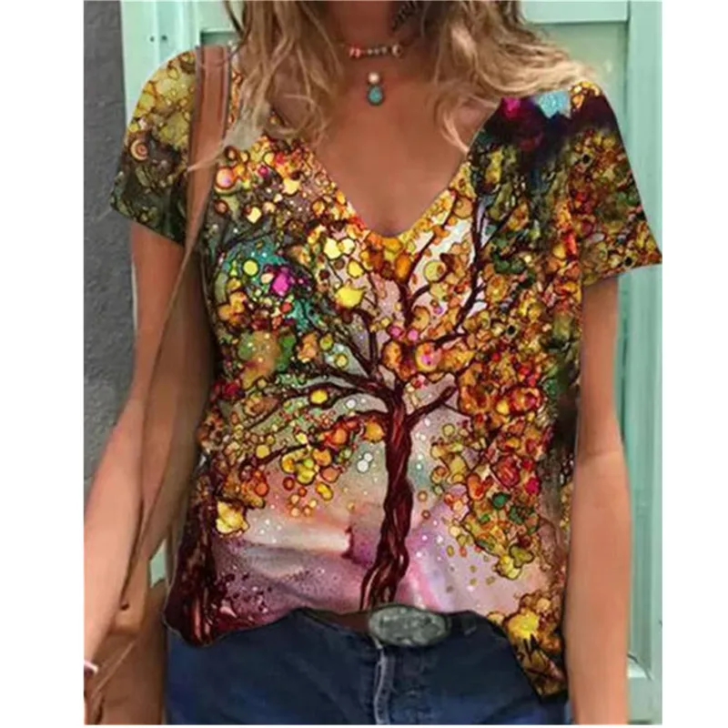

Oversized 5XL Women T-Shirt Fashion 3D Tree Printed Tops 2021 Summer Short Sleeve V-Neck Casual T-Shirt Plus Size Women Clothing