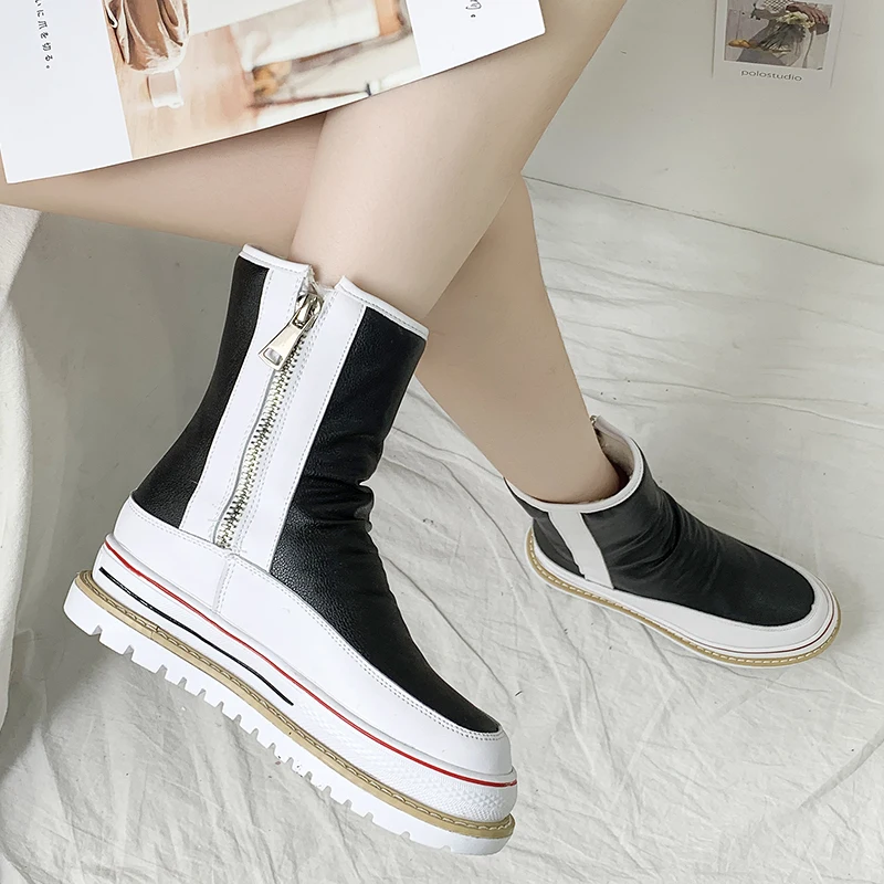 Rimocy Chunky Platform Mid Calf Boots Women Silver Pu Leather Waterproof Shoes Woman Fashion Mixed Color Zipper Mujer |