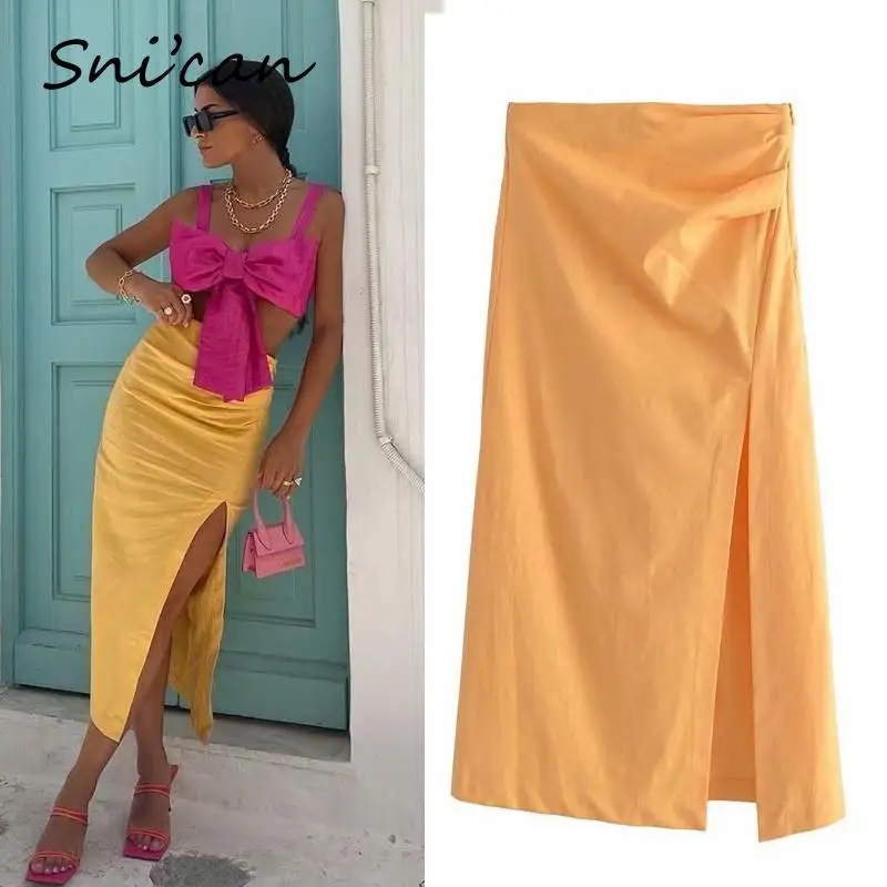 

Za Solid High Waist Skirt Summer Fashion Women Asymmetrical Ruched Slit Faldas Mujer Vintage Ladies Bottom Jupe Longue 2021 New