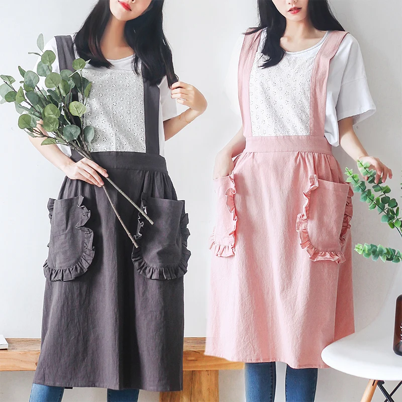 

Lovely princess apron cotton lace country home clothes double pocket ear fungus kitchen coffee flower shops work clean clothes
