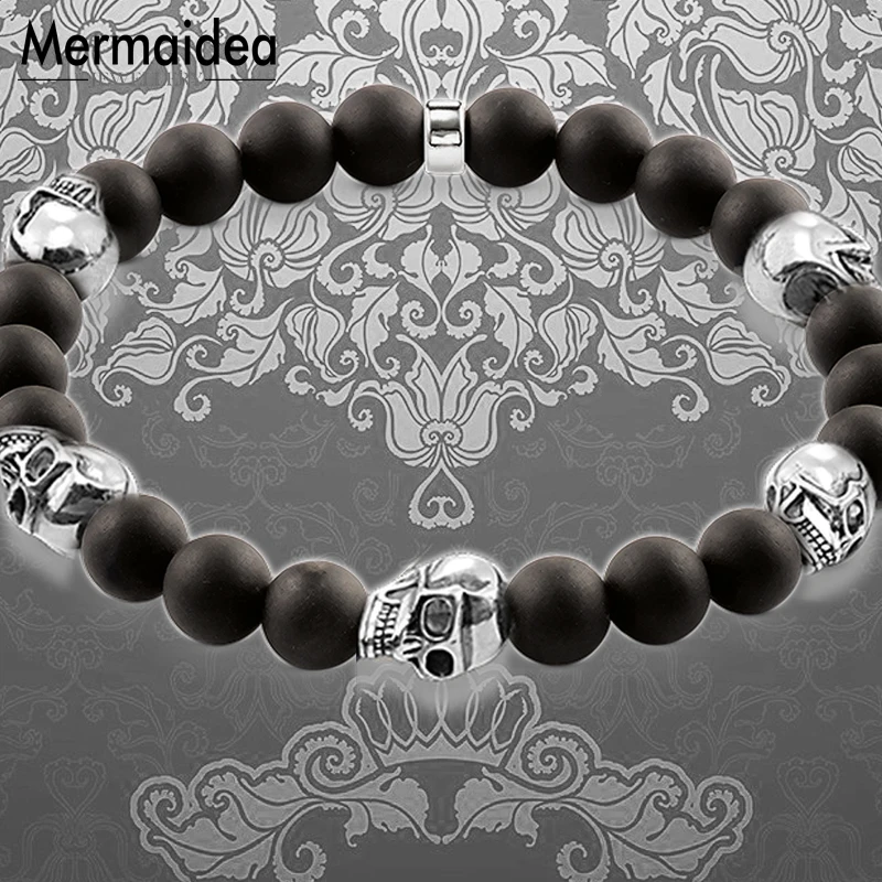 Браслет с 5 бусинами из обсидиана черепами новинка 2020 черная Посеребренная