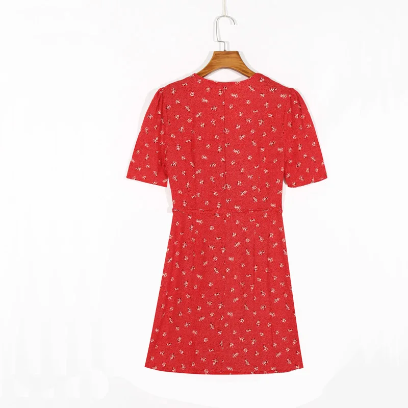 

Summer Women's Casual Printed V-neck Short Sleeve Button Slim Dress Vestidos