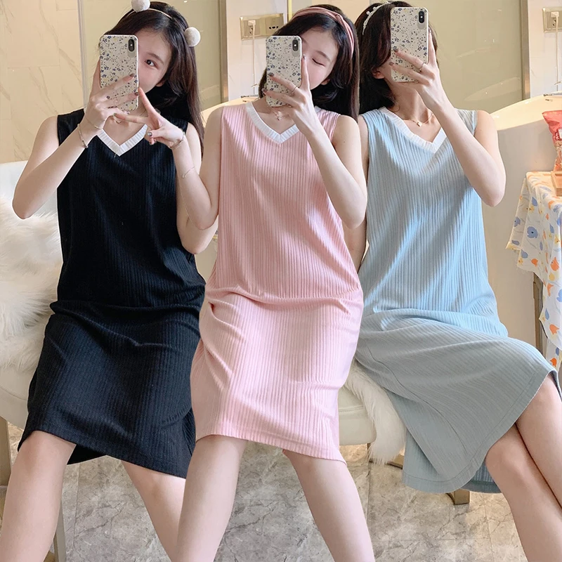 

2021 Summer Sexy Sleeveless V-neck Vest Nightgown for Women Korean 100% Cotton Sleepwear Nightdress Home Dress Night Gown Nighty