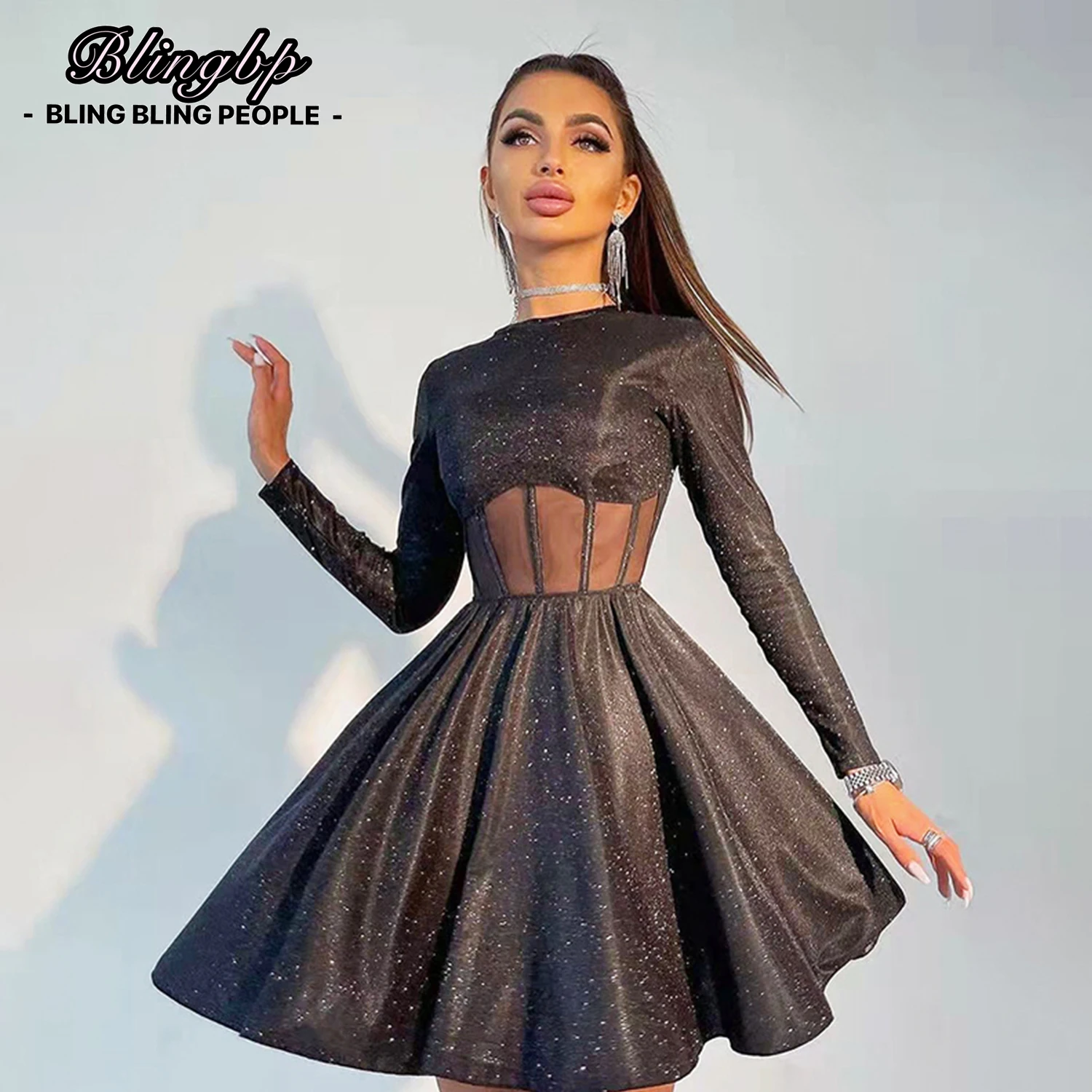 

BLINGBP Party Dress Elegant Bling Corset Patchwork Female Transparent Fashion Glitter Sexy Pleated Dress Mini Clubwear Cloth