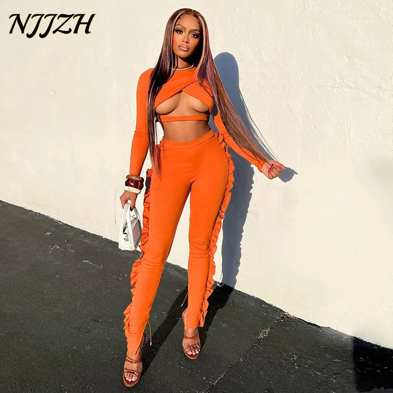 

NJJZH 2022winter spring Fashion Solid Sexy Hollow Out Long Sleeve Crop Top temperament Slim with wood ears High waist Pants suit