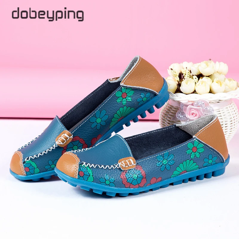 Spring Autumn Women's Loafers Printing Flower Genuine Leather Woman Flats Shoe Slip On Female Moccasins Shoes Large Size 35-44