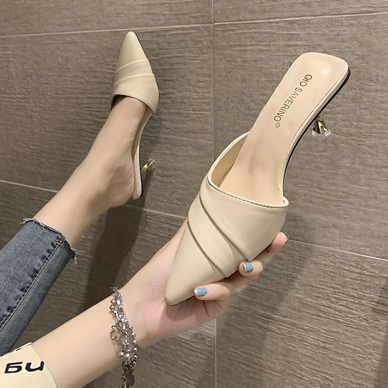 

Shoes Med Ladies' Slippers Thin Heels Cover Toe Slipers Women Heeled Mules Shallow Pointed 2021 High Summer Slides Pumps Scandal