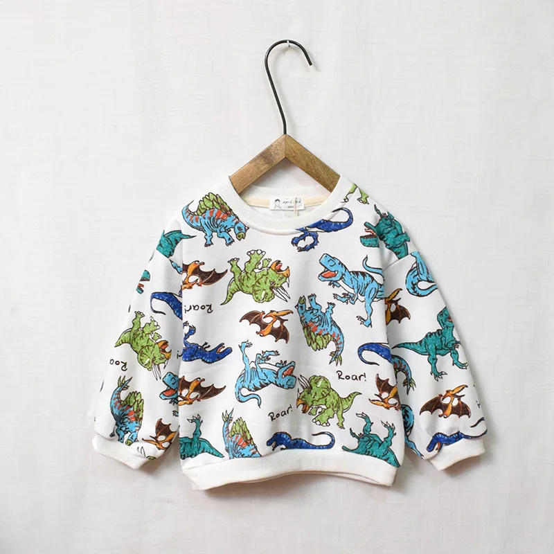 Детская футболка с принтом динозавра пуловер круглым вырезом и милым рисунком
