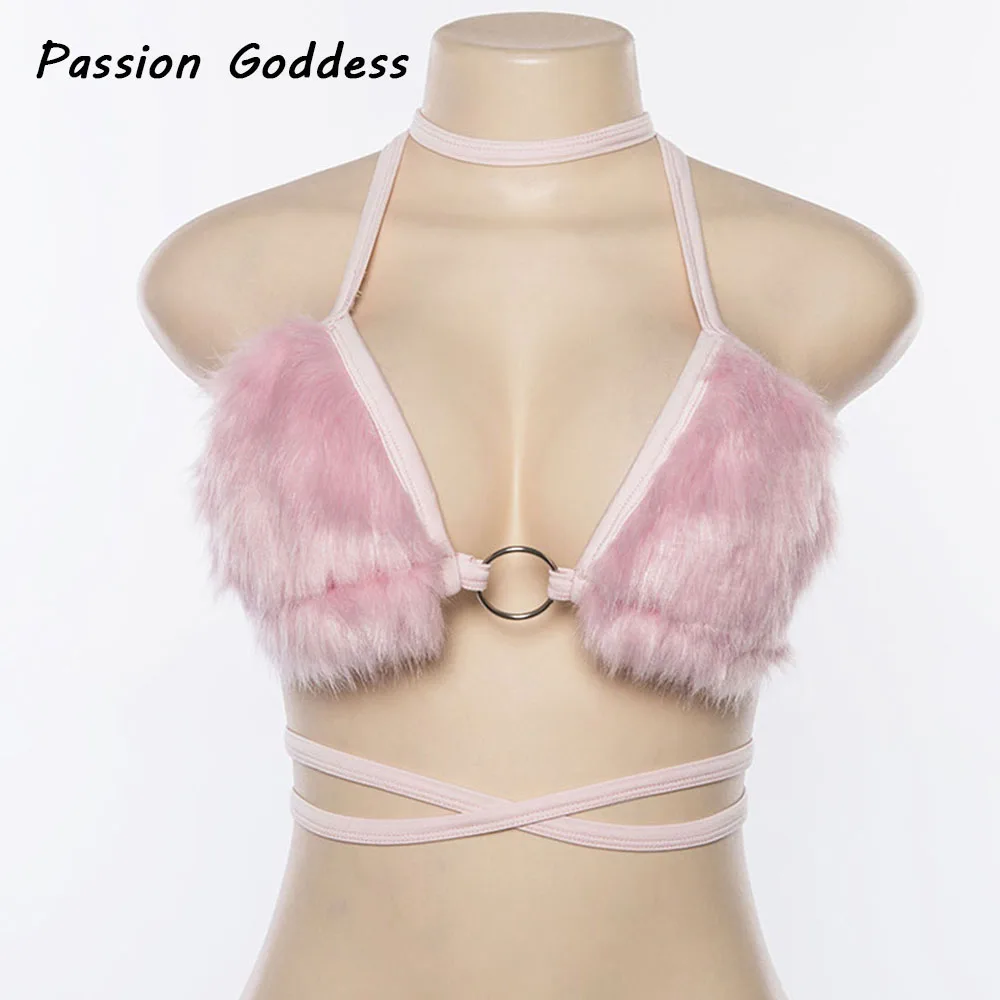 Кавайные женские пушистые розовые меховые Топы на бретельках бандажный пушистый